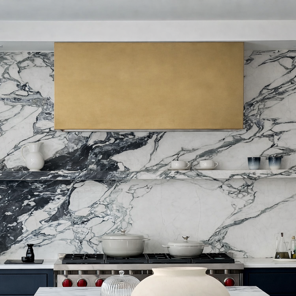 modern Brass range hood on a black and while marble backsplash