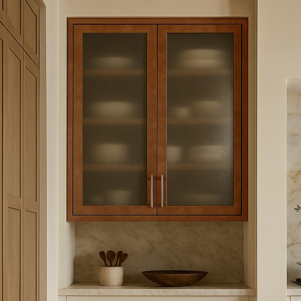 glass panel copper cabinet doors in alcove kitchen