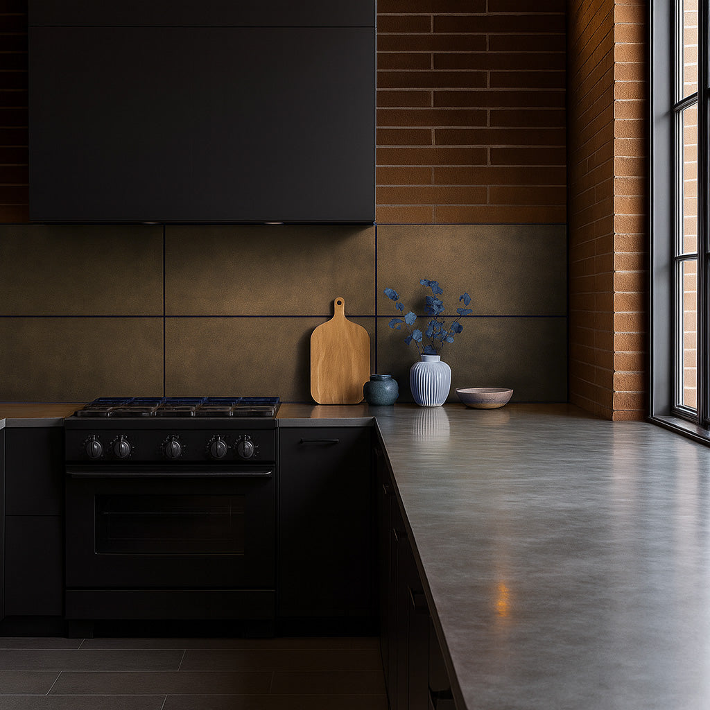 statement backsplash of antique stainless steel in a luxury home