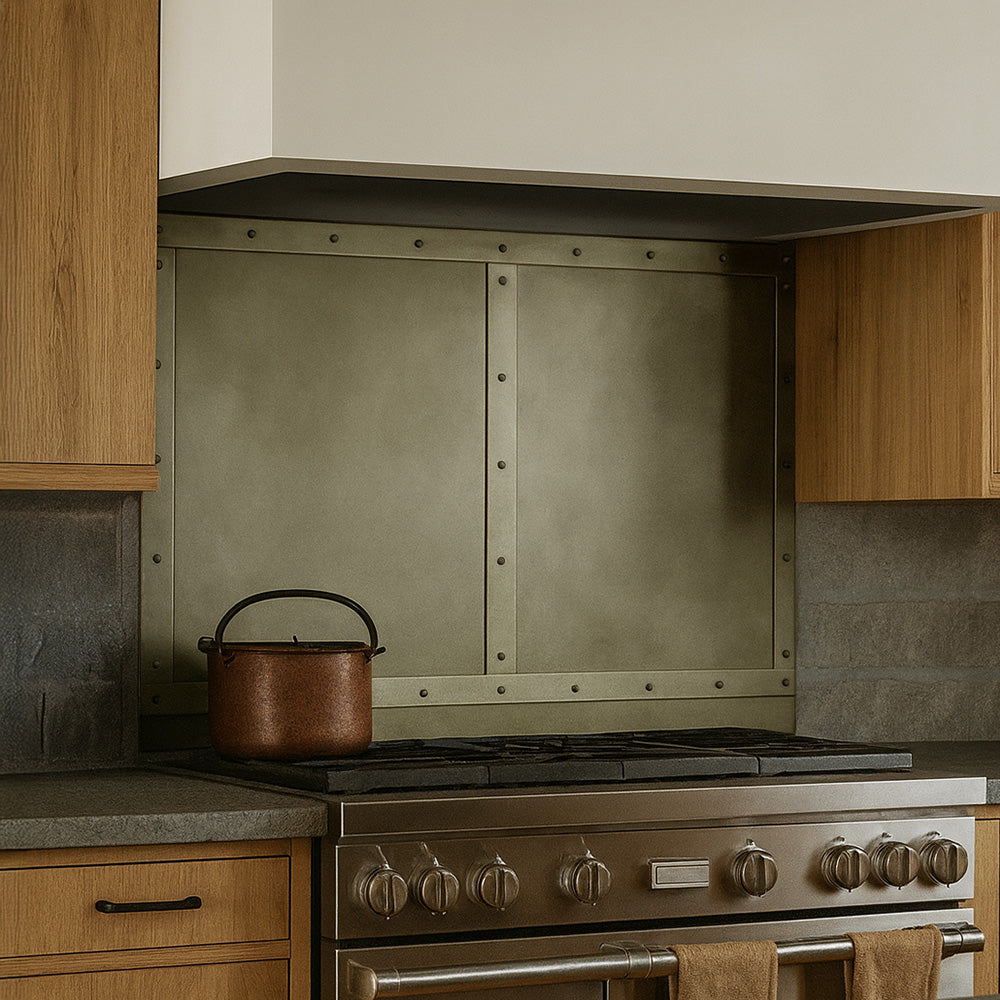 Architectural metal backsplash panel installed behind kitchen stove.