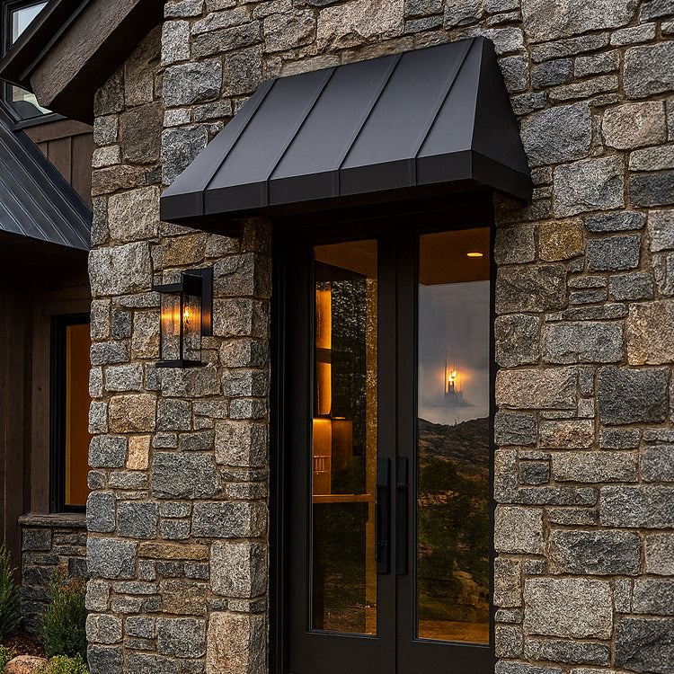 Handcrafted powder coated window awning providing architectural detail and protection above doors