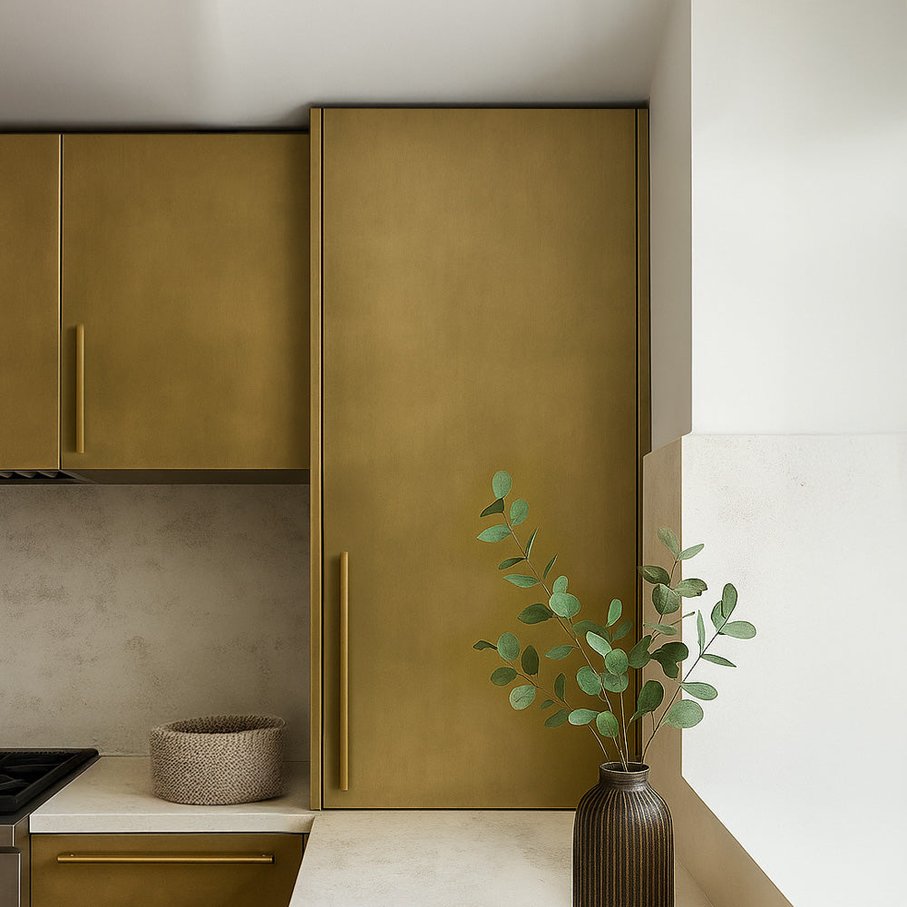 modern kitchen with antique brass cabinet doors 