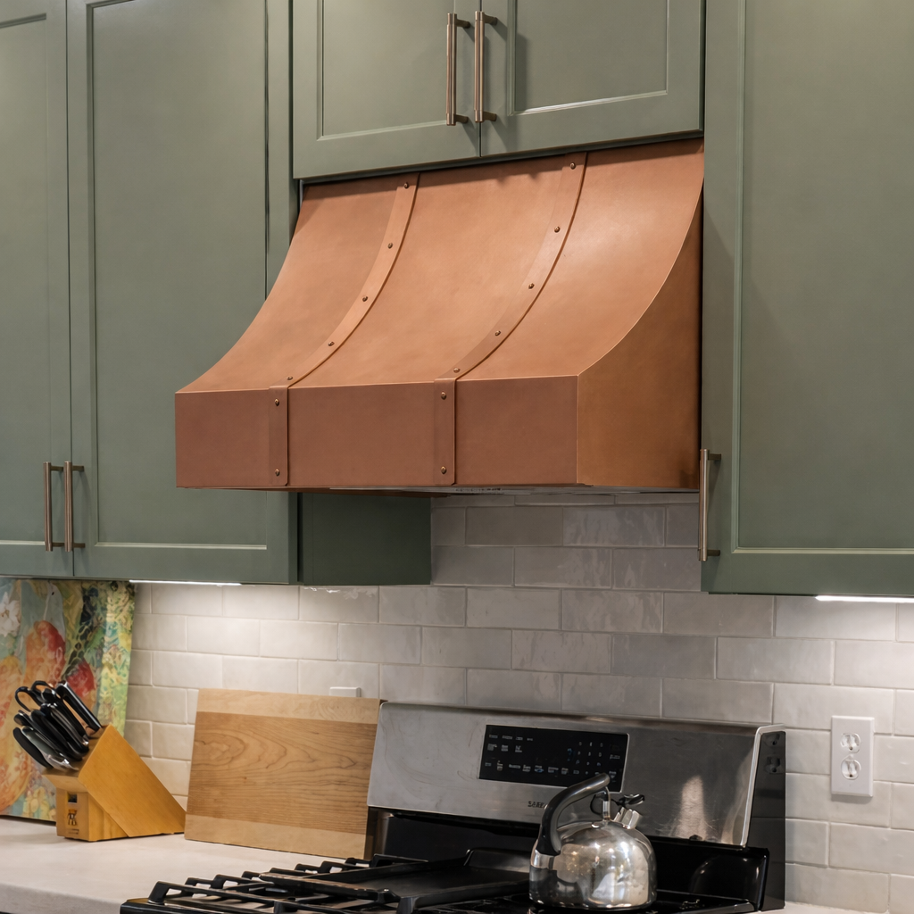 under cabinet sloping range hood in copper 