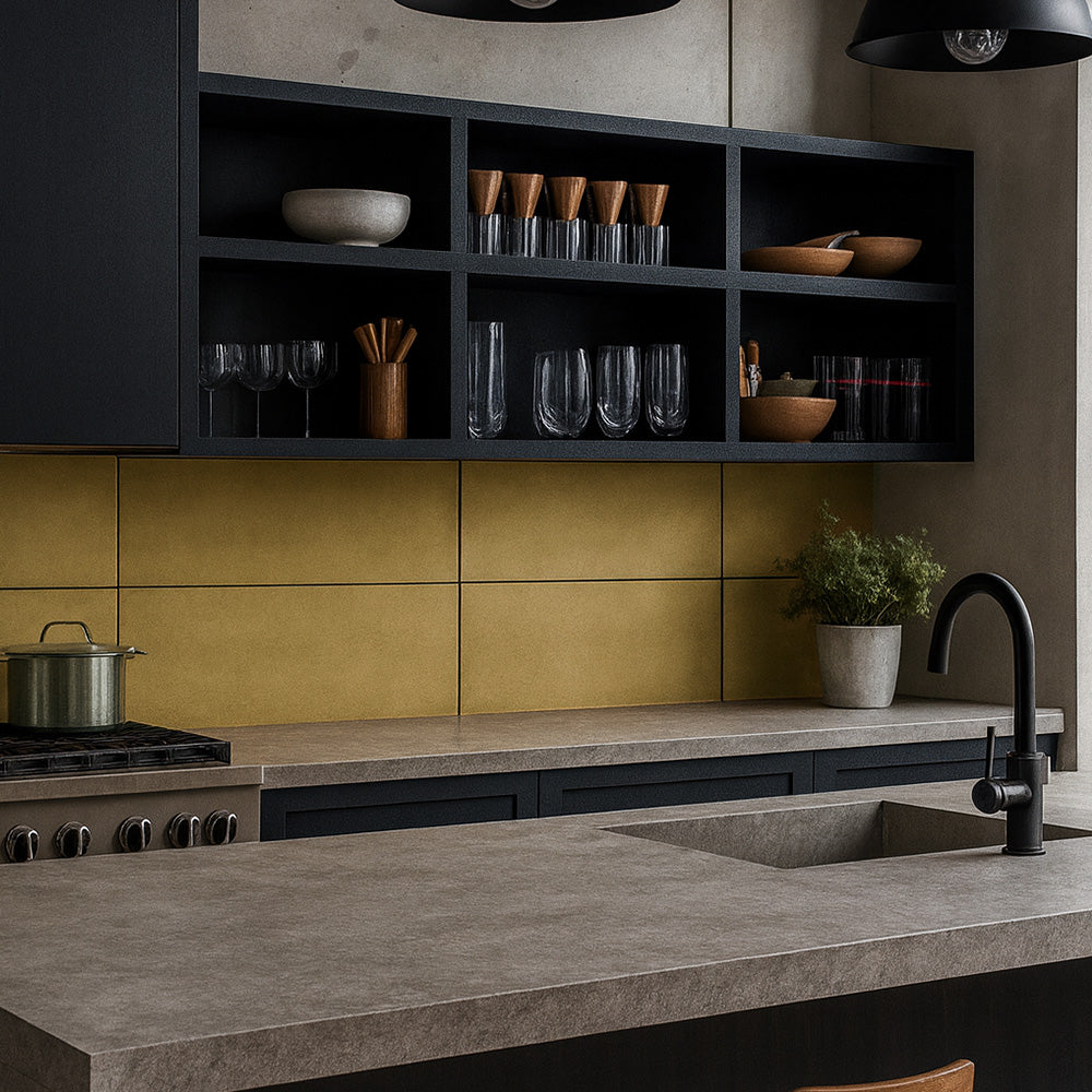 brass paneling behind the stove and countertops in an industrial kitchen