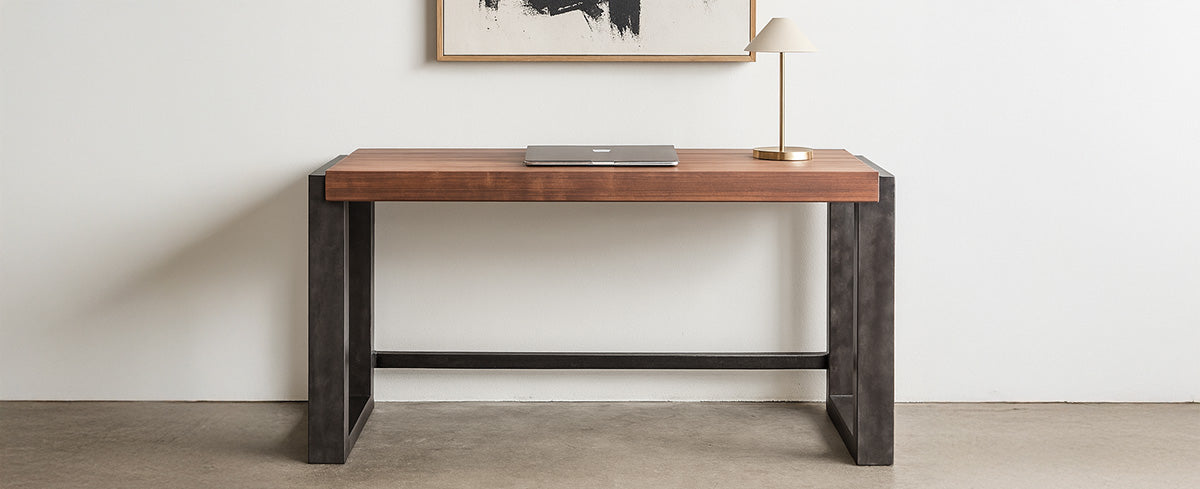 modern metal leg desk with wood top in minimalist office 