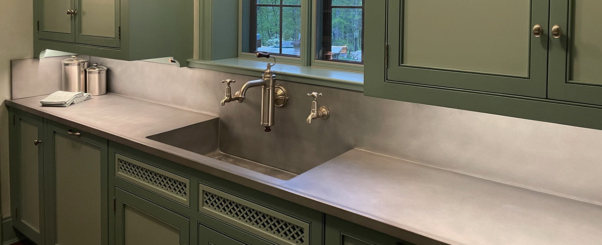 custom Zinc countertop with integrated sink and backsplash