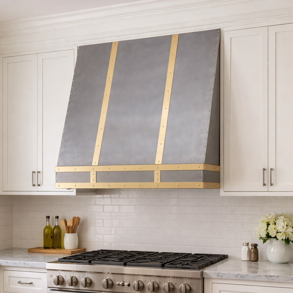 48" x 40" stainless steel range hood in high end white kitchen
