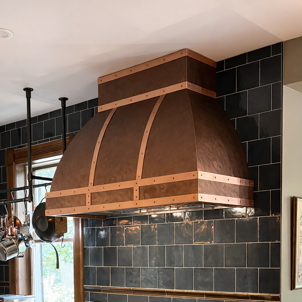 rustic copper range hood in dark kitchen