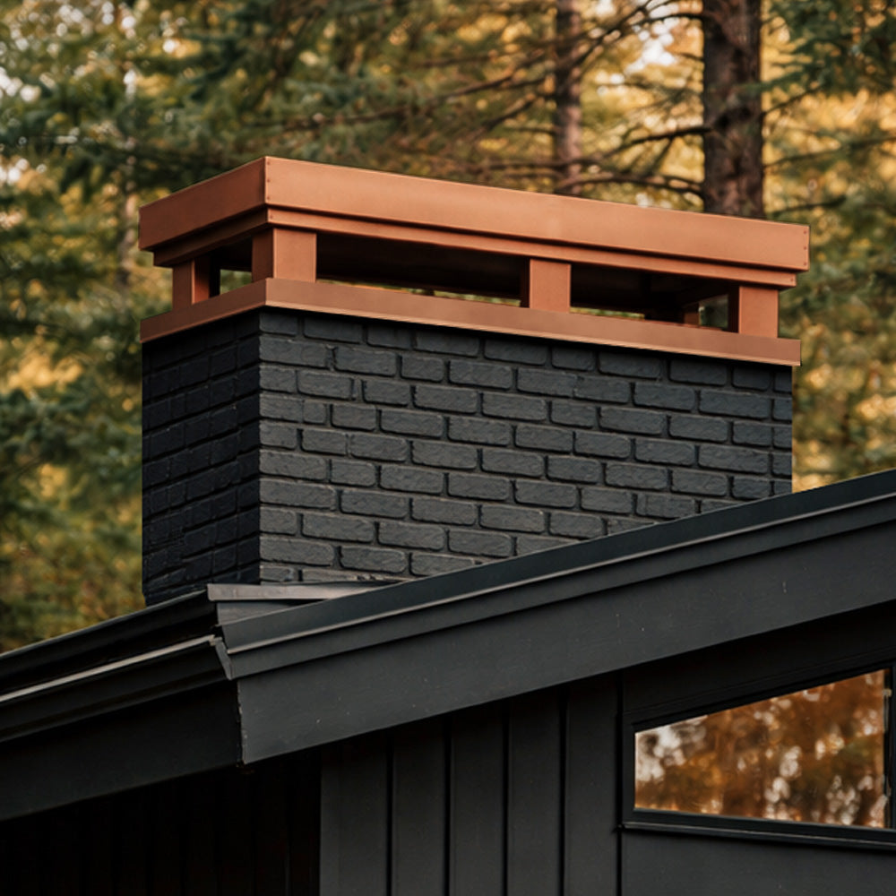 Contemporary Copper chase cover chimney cap on black modern cabin