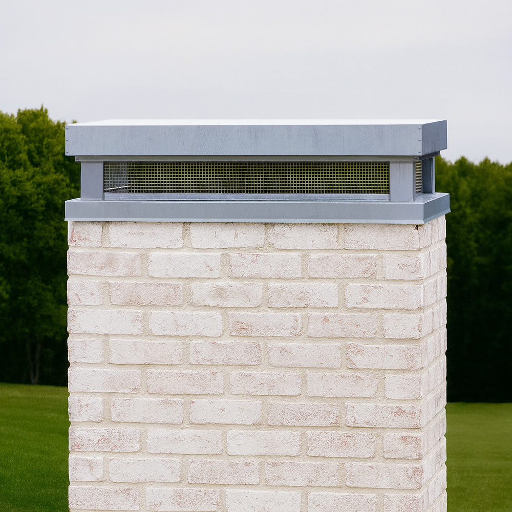 Contemporary Zinc architectural chimney cap on white brick chimney
