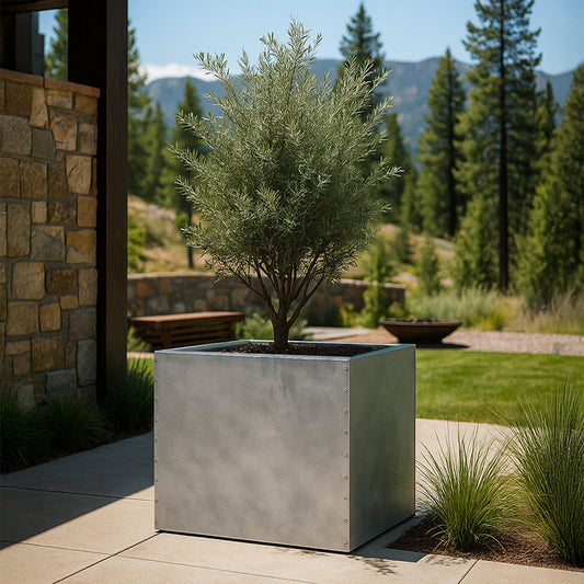 custom stainless steel planter on a patio with mountains in the background