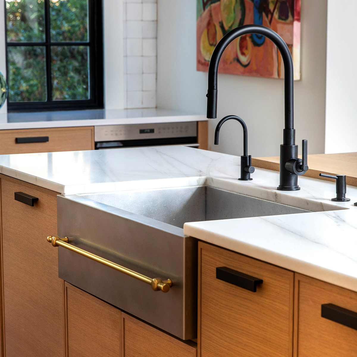 16 gauge Stainless Steel farmhouse sink with Brass towel bar 