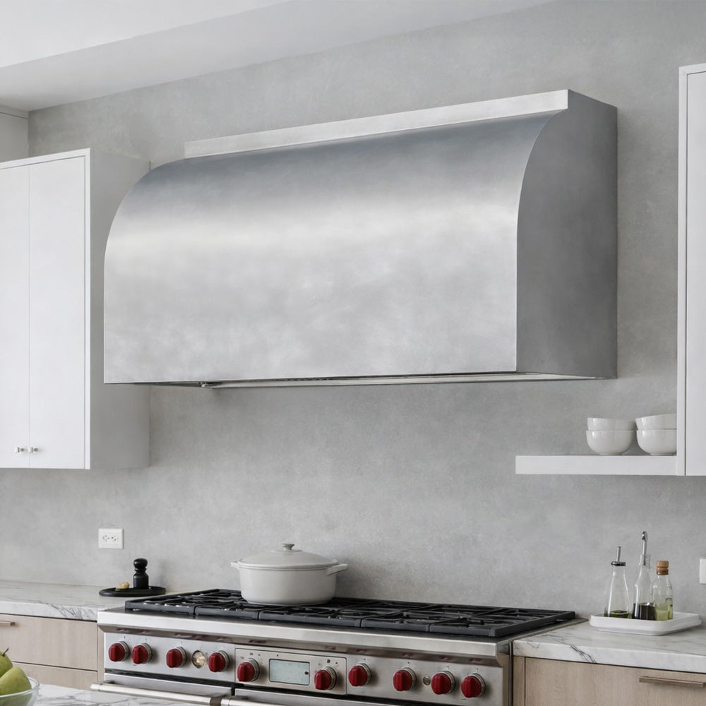 custom stainless steel barrel range hood in modern luxury kitchen