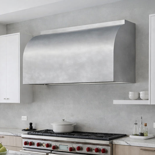 custom stainless steel barrel range hood in modern luxury kitchen