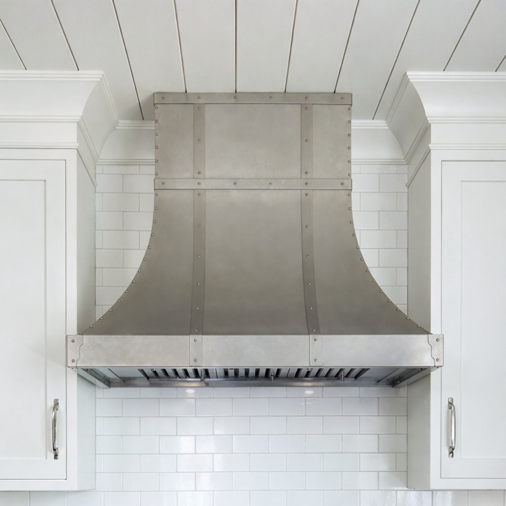 Close-up detail of sweep metal range hood showing finish and rivet craftsmanship